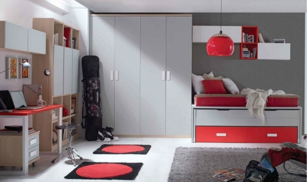 nábytková zostava-detská izba-chlapec-svetlo-sivá-červená-drevená dyha