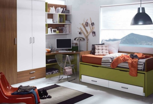 nábytková zostava-detská izba-chlapec-olivovo-zelená-drevená-dyha-biela-oranžová-akcenty