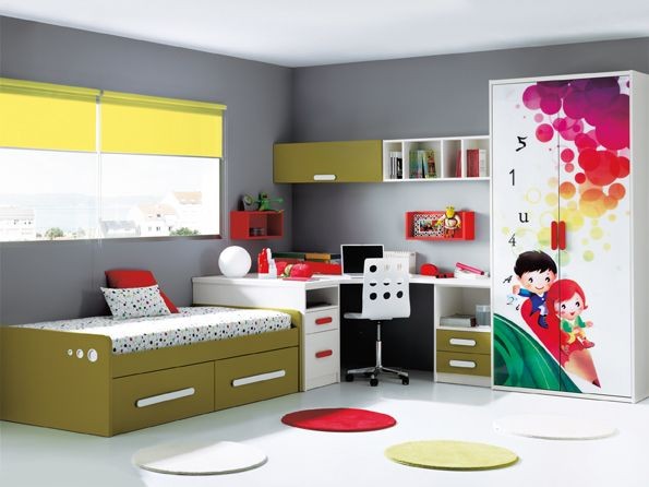 Zostava nábytku-detská izba-olivovo-zelená-biela-jednolôžko-ekc-písací stôl-skriňa