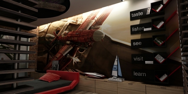 Zaujímavý moderný stenový dizajn-podkrovné knižnice Zaujímavý-moderný-dizajn-steny-poličky-na-poschodie