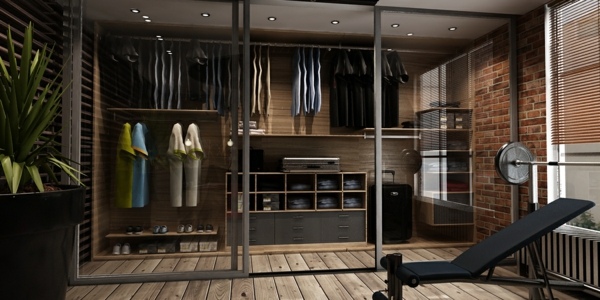 Interiér podkrovia so sklenenou skriňou Interiér podkrovia so sklenenou skriňou