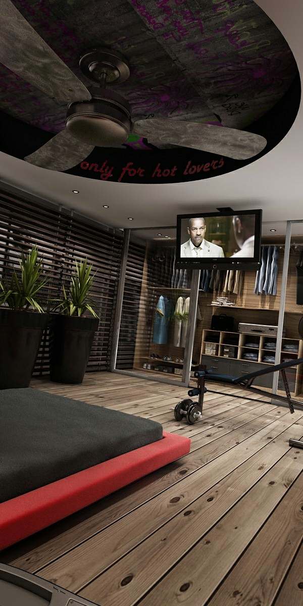 moderný zavesený stropný televízor Podkrovný byt-bakalársky-moderný-interiér