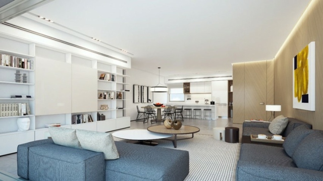 Pohovkový nástenný policový systém konferenčné stolíky stropné osvetlenie