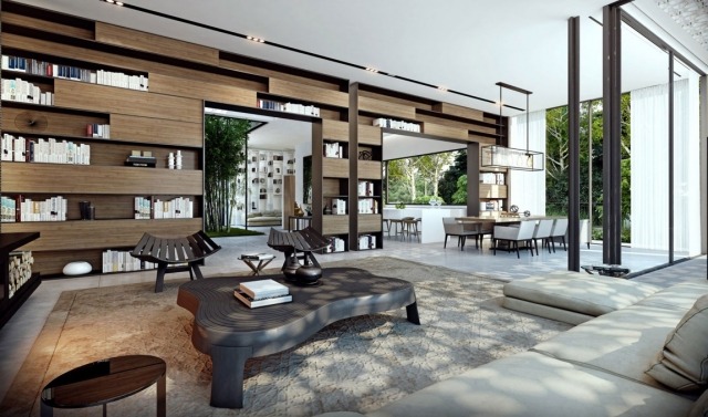 obývacia izba s moderným zariadením, drevené poličky na knihy ako oddeľovače izieb obývacia izba-moderný nábytok-drevené police na poháre-oddeľovače miestností