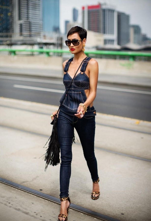 Plné riflové oblečenie v námorníckej modrej návrhár-módne-trendy-tesné-rifle-top