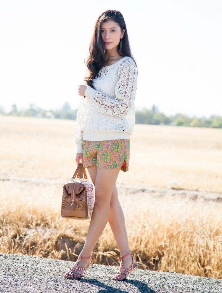 Letný outfit - krátke nohavice s farebnou potlačou a biely sveter Módne trendy 2015 sveter krátke nohavice nosiť ako