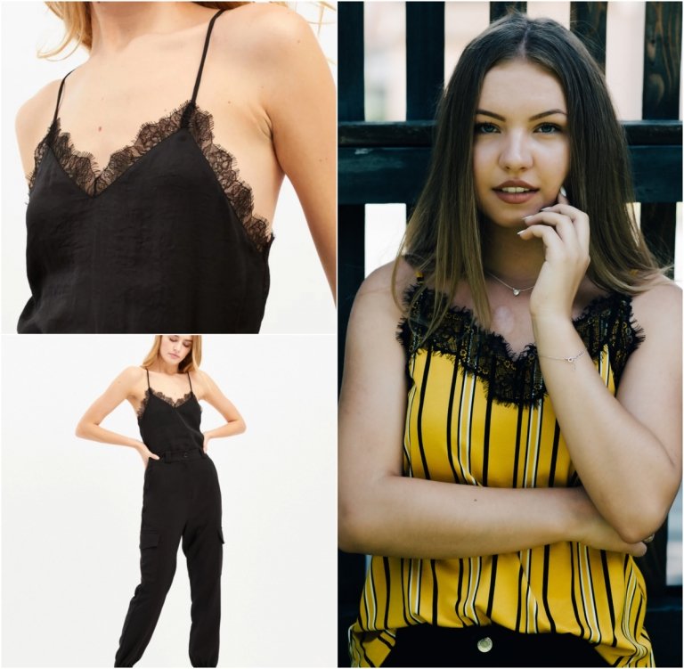 Módne trendy 2019 cami top a cargo nohavice v čiernej farbe