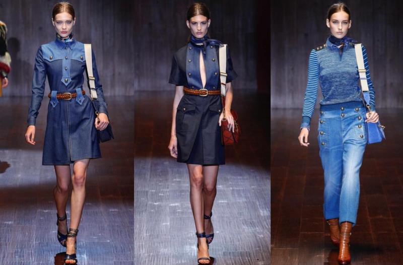 Módne trendy na jar / leto 2015 - Dámska móda Gucci - štýlové riflové šaty po kolená Módne trendy-jar-leto-2015-rifle-vysoký pás-Gucci