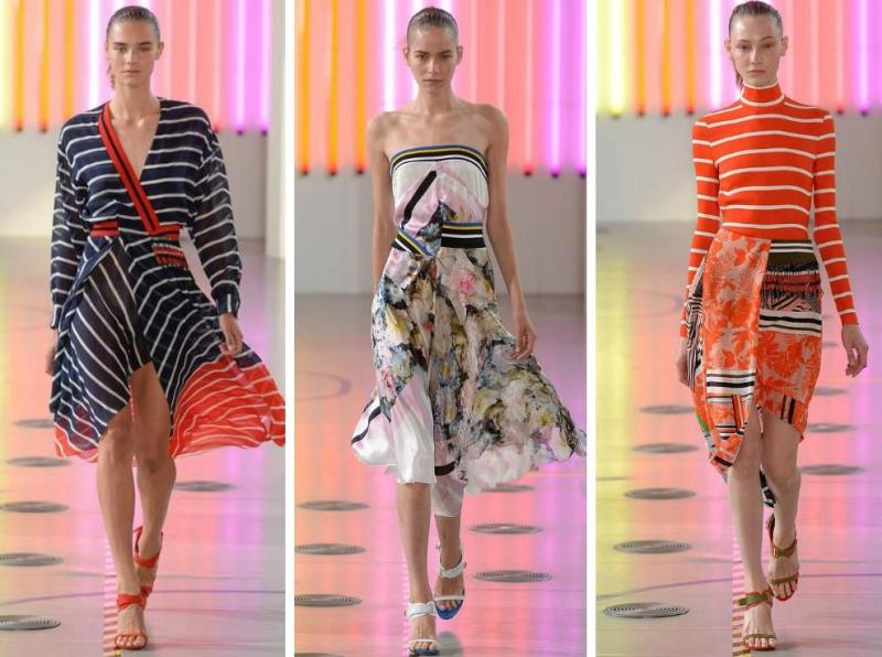 Módne trendy 2015 - kombinácia prúžkov a kvetinových potlačí Módne trendy-jar-leto-2015-pruhy-outfity-preen-thornton-bregazzi