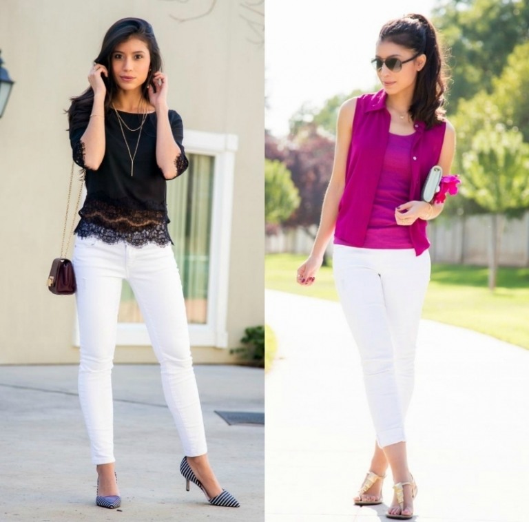 Biele nohavice a top v kontrastnej farbe Módne trendy-leto-2015-biele-džínsy-nohavice