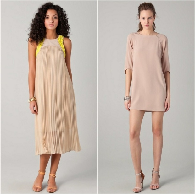 Letná móda 2014 krátke šaty béžovej farby tónu pleti krátke šaty béžová farba pleti žlté detaily