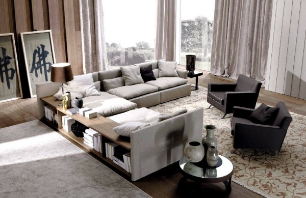 sedacia súprava rohové čalúnenie drevené police vzadu domino od frigerio