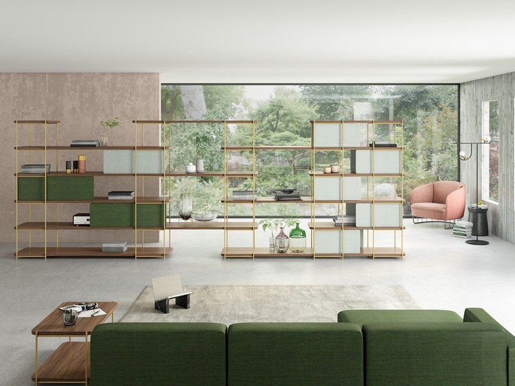 modulárny policový systém moderná voľne stojaca obývačka