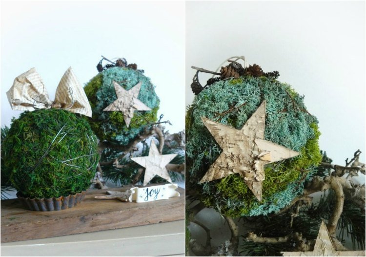 zimná dekorácia vianočná machová guľa papierová stuha hviezda zimné motívy kôra stromu