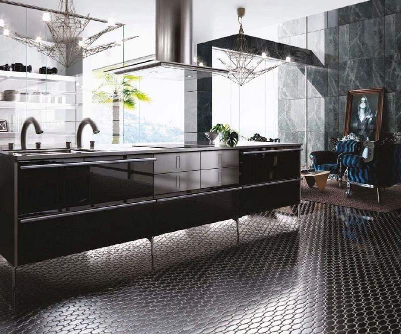 Mozaikové dlaždice-kuchyňa-kov-podlaha-moderné-nápady