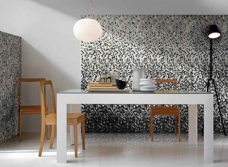 Mozaikové dlaždice-kuchyňa-nápady-sivá-biela-jedálenský-dizajn