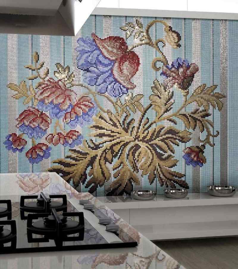 Mozaiková dlažba-kuchyňa-kvety-biela-kuchyňa-zadná stena