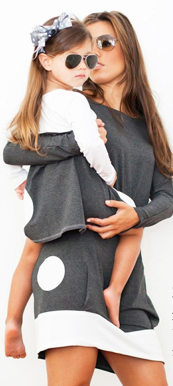 sivé šaty s bielym okrajom pre dievčatá a matky Bavlna-rúno-kvalita-šaty-móda-matky-dievčatá