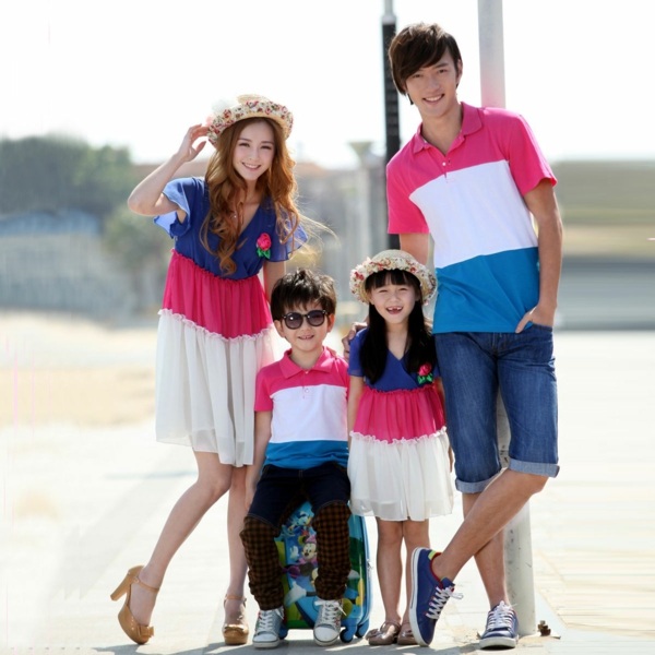 Šaty a tričká z rodiny trikolórového tylu a bavlny Prázdninová destinácia-rovnaké-oblečenie-trojfarebný výber