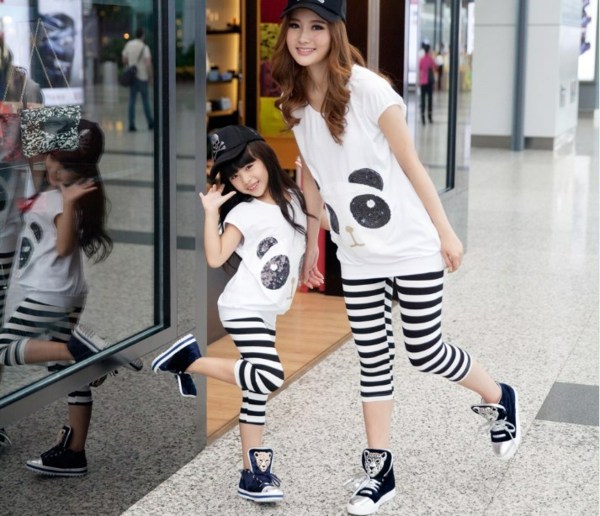 Legínová pruhovaná dlhá blúzka s medveďom panda Tenisky-športová obuv-čierno-biele-pruhované-bavlnené-oblečenie