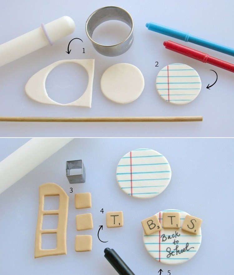 Vystrihnite kruhy z bieleho fondánu a navrhnite ich pomocou čiar na linajkované listy