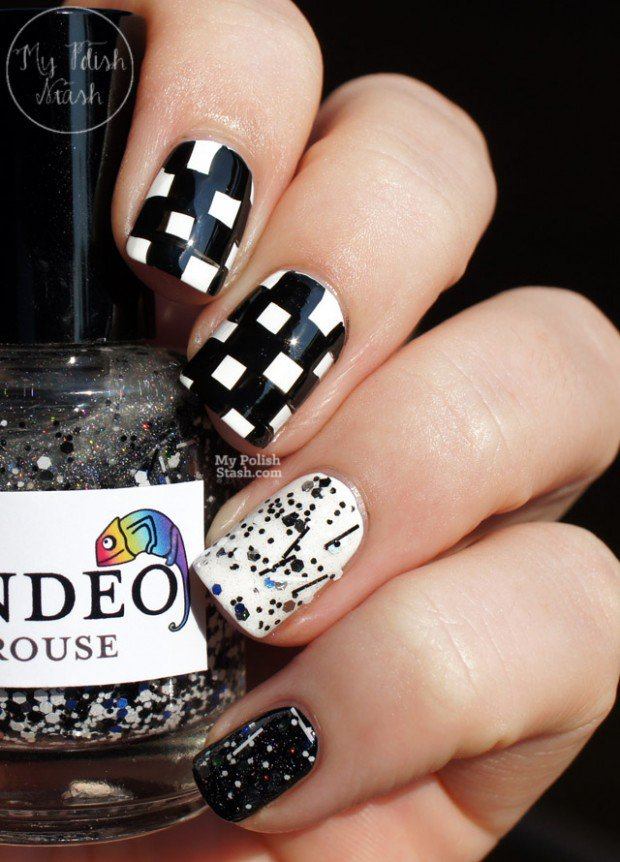 nechtový dizajn-čierna-biela-šachovnica-lak-trblietavé častice
