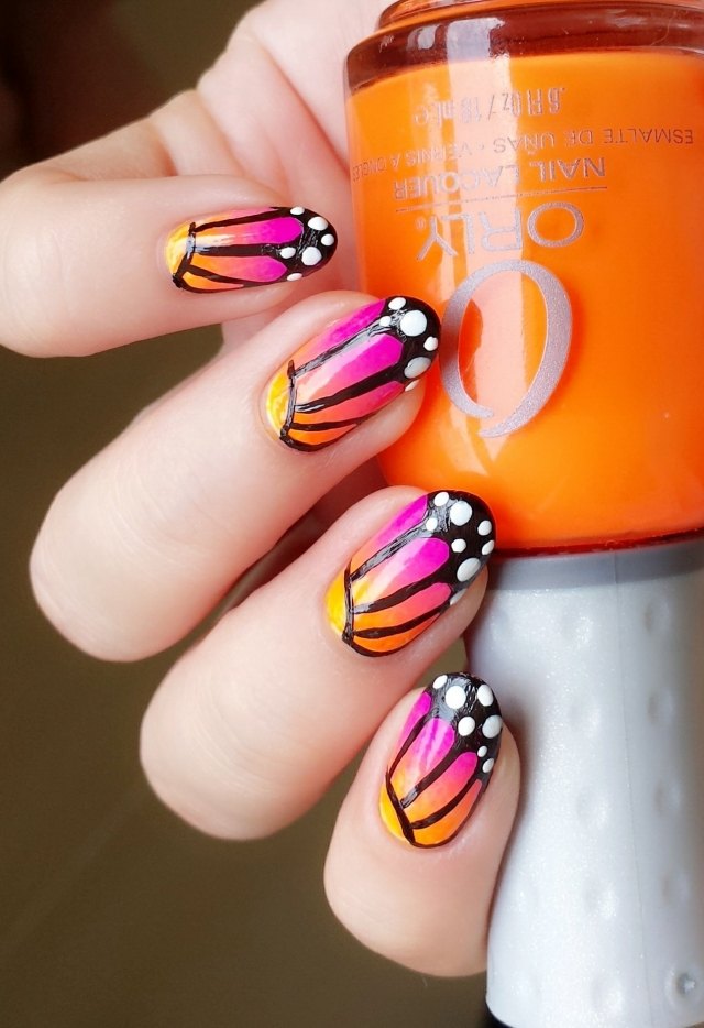 Letné nechty-monarcha motýľ-neón-oranžovo-ružová