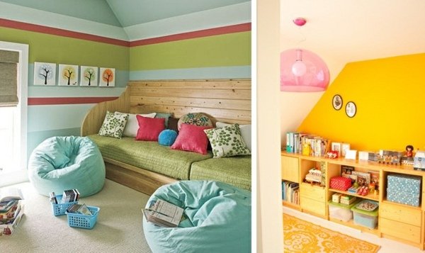 Detská herňa je zariadená v jasných farbách Herňa vytvára nápady pre jasné farby