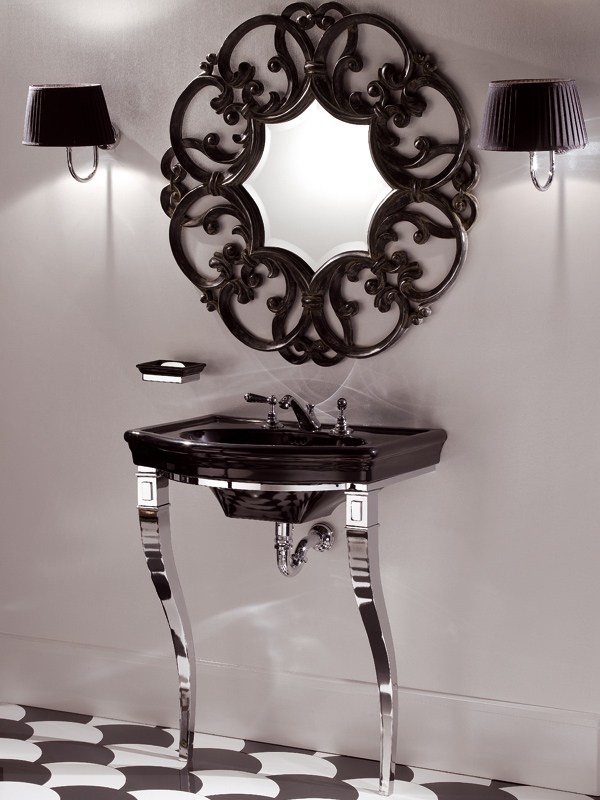 Tendencie dizajnu kúpeľne trendový umývadlový stôl nohy obklad steny biele okrúhle zrkadlo drevo amelie tmavý dekoratívny prvok