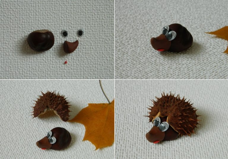 Návod na ručné modelovanie z modelovacej hmoty, gaštanu a gaštanovej kôry pre vtipného ježka