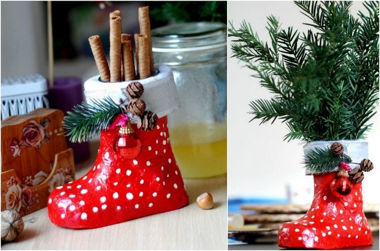 Tinker Santa Claus boots - nápad vyrobený z papierového machu Santa Claus topánky drotár papier hmota-dekorácia-cukrovinky-výplň-Vianoce