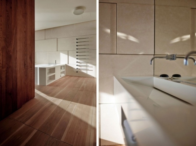 dizajn kúpeľne béžové obklady na stenu drevená podlahová skrinka