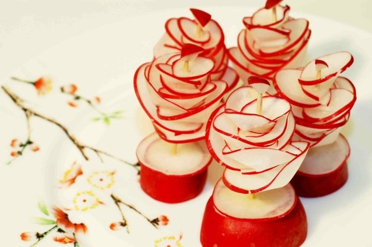 ovocie a zelenina rezba reďkovky špirála dekorácia jedlo