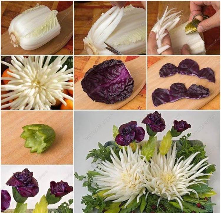 zelenina-rezba-návod-červená kapusta-ruže-čínska kapusta-chryzantémy