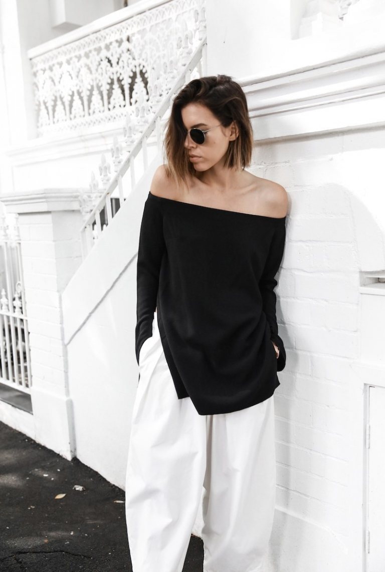 Off -blúzka blúzka čierne biele palazzo nohavice