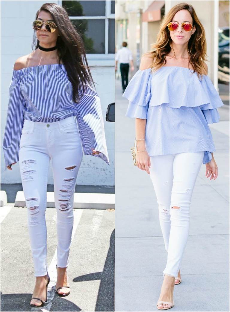 Off -blúzka blúzka riasené svetlo modré biele nohavice