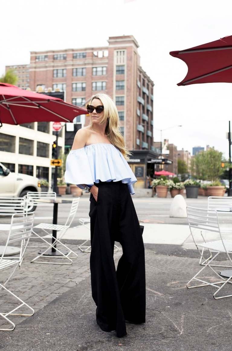 Off blúzka široké čierne palazzo nohavice letné módne trendy