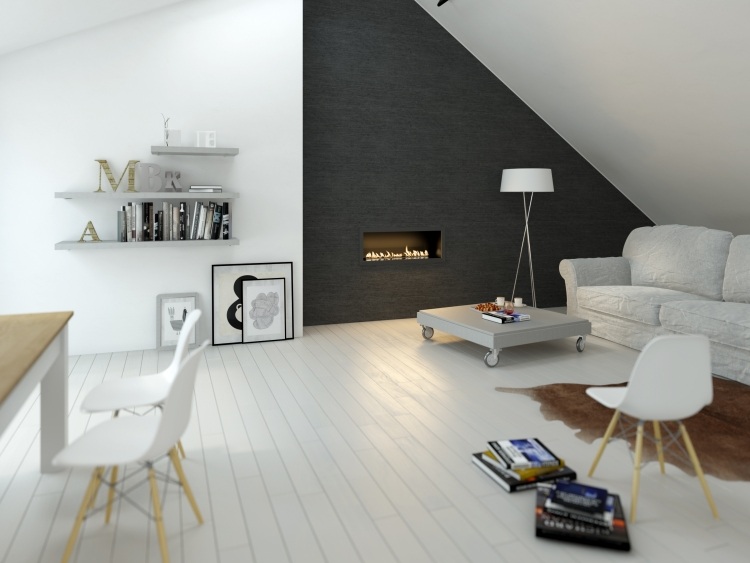 Integrujte dekoratívny krb do steny otvorený krb-škandinávsky-minimalistický-kožušinový-koberec-plastová stolička-tmavo-šedá-integrovaná-biela