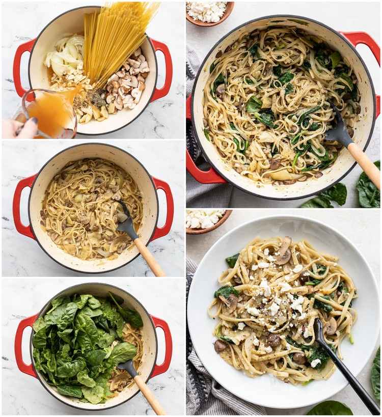 Vegetariánsky recept na cestoviny z jedného hrnca na špenát a huby