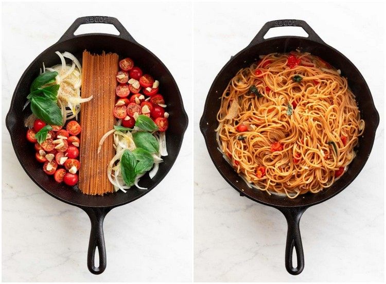 ľahký recept vegánske špagety s rajčinami v jednom hrnci