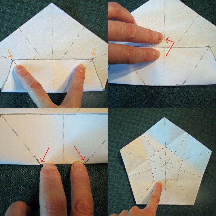 Vystrihnite päťuholníkový list papiera a zložte ho origami-vianočné-hviezdy-skladacie-pokyny-kresba-päťbodové-päťuholníkové záhyby