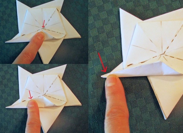 pokračujte v skladaní podľa zadaných bodkovaných čiar origami-vianočné-hviezdičky-skladacie-pokyny-päťbodové-skladanie-presné-biely papier-bodkovaná čiara