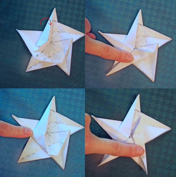 každý bod v strede opäť sklopte origami-vianočné-hviezdičky-skladacie-inštrukcie-päťbodové-bodkované-čiary-držať-skladať-presné