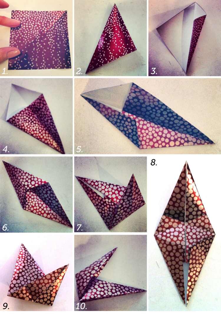 Kreatívny nápad na 8-lúčovú hviezdu urob si sám vyrobenú z papiera origami-vianočné-hviezdičky-skladacie-pokyny-šesťbodové-decko-papierové bodky-lesklé