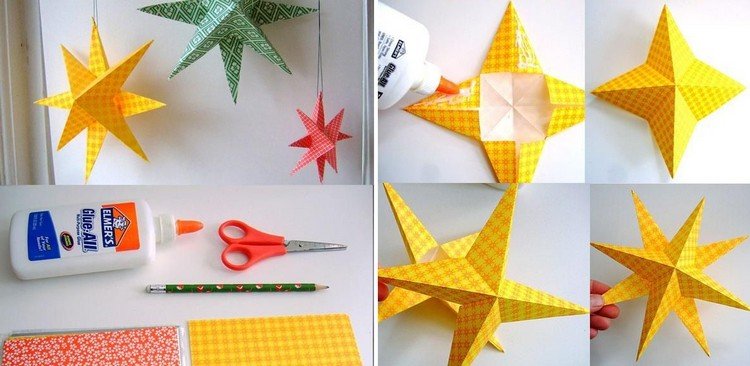 Vyrobte si 3D papierové hviezdy sami s deťmi Origami na Vianoce 3d hviezdy a žltý ozdobný papier