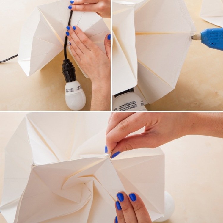 v strede nechajte priestor na svetlo s káblom origami-lampa-diy-návod-papier-kartón-záhyby-horúce-lepidlo-kábel-prichytiť