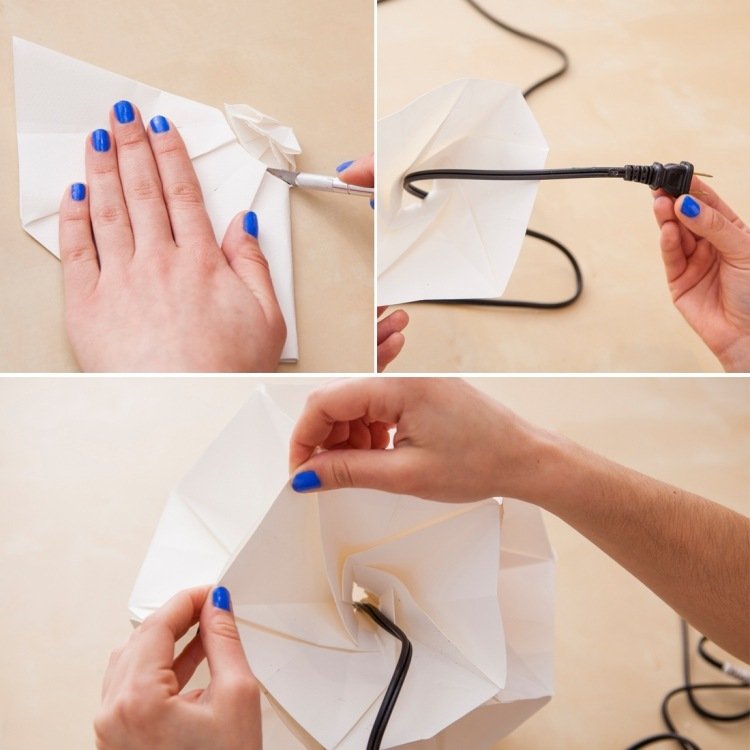 úplne na vrchu vyrežte medzeru pre kábel origami-lampa-diy-návod-kábel-fix-svetelná tienidlo