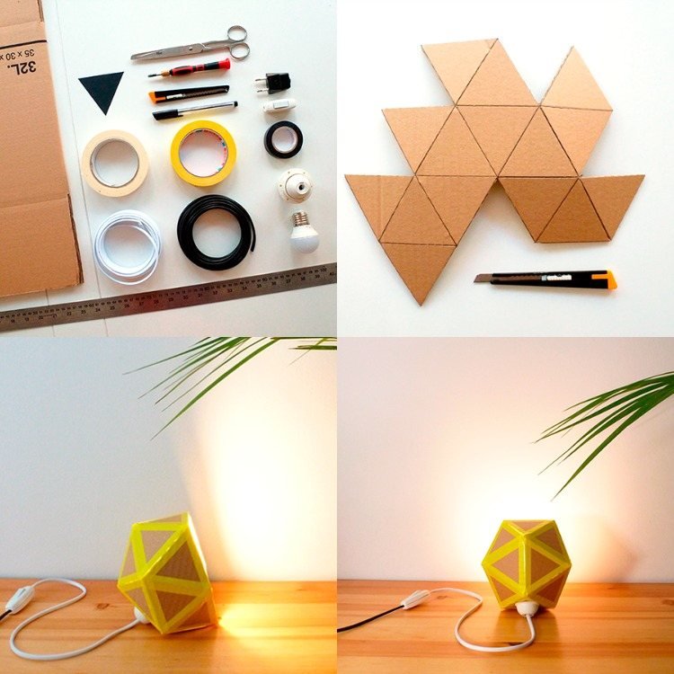 Stolová lampa s geometrickým tvarom vyrobená z lepenky - icosahedron origami-lampa-diy-návod-icosahedron-kartón-skladací-rezaný nôž