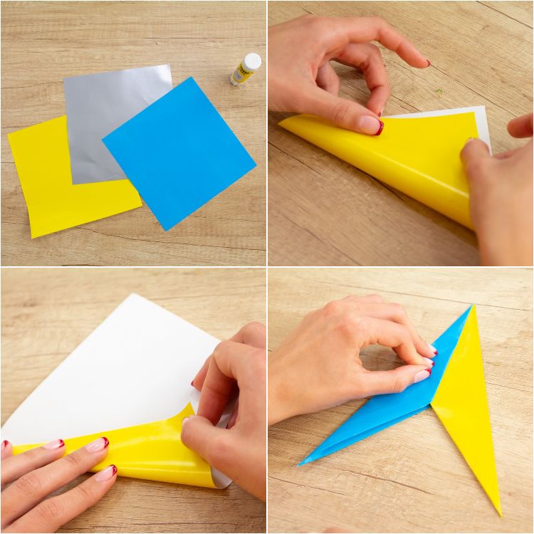 origami hviezdy vianočné hviezdy majstrujú si Vianoce jednoducho poskladajú kúsky papiera modro žlté uhu lepidlo skladacie pokyny kroky