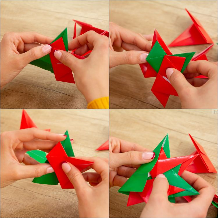 modulárna hviezda origami wihnachtsstern urobte si zelené červené kúsky papiera